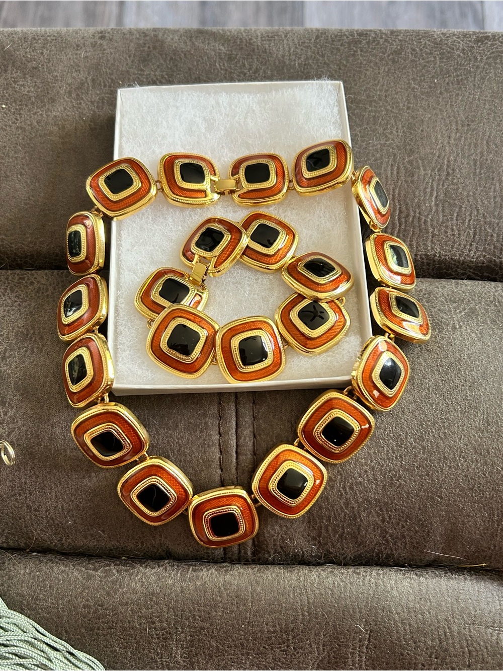 Gold-Tone Black and Orange Enamel Statement Necklace and Bracelet Set
